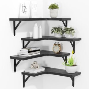 Corner Floating Shelves Wall Mounted Set of 4, Rustic Wood Storage Display Wall Shelves for Home Decor, Bathroom, Kitchen, Bedroom, Living Room, Office (Black) - Image 8