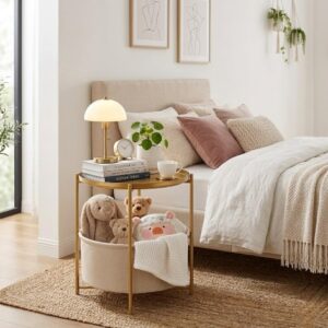 Round Side Table with Fabric Storage Basket, Metal Side Small Bedside Table Nightstand with Removable Tray Top for Living Room, Bedroom, Nursery, Bathroom, Gold - Image 5