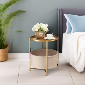 Round Side Table with Fabric Storage Basket, Metal Side Small Bedside Table Nightstand with Removable Tray Top for Living Room, Bedroom, Nursery, Bathroom, Gold - Image 6