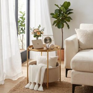 Round Side Table with Fabric Storage Basket, Metal Side Small Bedside Table Nightstand with Removable Tray Top for Living Room, Bedroom, Nursery, Bathroom, Gold - Image 7