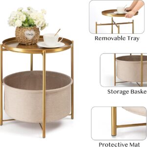 Round Side Table with Fabric Storage Basket, Metal Side Small Bedside Table Nightstand with Removable Tray Top for Living Room, Bedroom, Nursery, Bathroom, Gold - Image 8