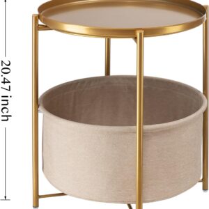 Round Side Table with Fabric Storage Basket, Metal Side Small Bedside Table Nightstand with Removable Tray Top for Living Room, Bedroom, Nursery, Bathroom, Gold - Image 9