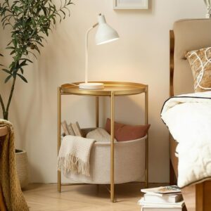 Round Side Table with Fabric Storage Basket, Metal Side Small Bedside Table Nightstand with Removable Tray Top for Living Room, Bedroom, Nursery, Bathroom, Gold - Image 10
