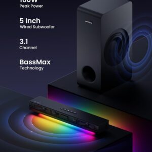 MEREDO Sound Bar for Smart TV 160W 3.1CH PC Gaming Soundbar with Subwoofer RGB Lighting Audio Sync Surround Sound System BT 5.3/HD-ARC/Optical/AUX/USB for Desktop Tablets Consoles Home Cinema - Image 5