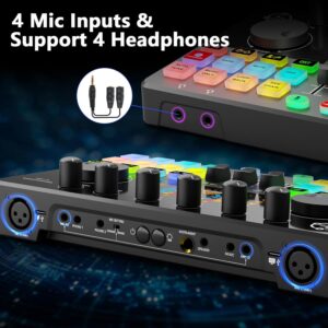 Podcast Equipment Bundle for 4, Audio Interface with 4 Dynamic Microphone, 4 Desktop Mic Stands, Voice Change, DJ Mixer for Vocal Recording Podcasting,Streaming,Singing TikTok, COMMANDER M100 3rd - Image 2