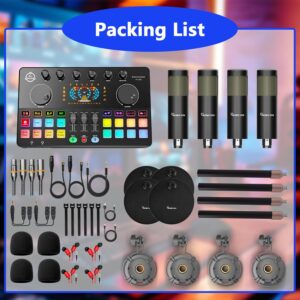 Podcast Equipment Bundle for 4, Audio Interface with 4 Dynamic Microphone, 4 Desktop Mic Stands, Voice Change, DJ Mixer for Vocal Recording Podcasting,Streaming,Singing TikTok, COMMANDER M100 3rd - Image 4
