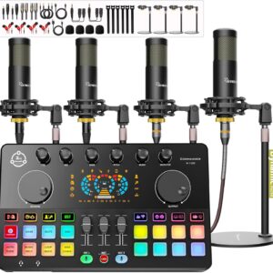 Podcast Equipment Bundle for 4, Audio Interface with 4 Dynamic Microphone, 4 Desktop Mic Stands, Voice Change, DJ Mixer for Vocal Recording Podcasting,Streaming,Singing TikTok, COMMANDER M100 3rd - Image 8