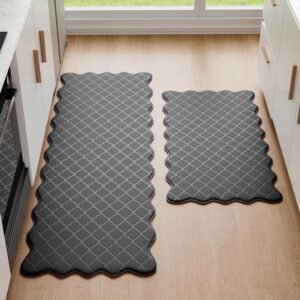 Scalloped Embossed Kitchen Mats for Floor 2PCS Cushioned Anti Fatigue Waterproof Foam Kitchen Rugs Non Slip Washable Comfort Standing Mat for Office Sink Laundry, Black - Image 3