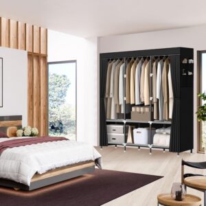 LOKEME Wardrobe Closet,Portable Closet for Bedroom Steel Pipe Diameter 19mm Strong and Sturdy Black Portable Closets for Hanging Clothes with 3 Hanging rods, 6 Storage Shelves and Side Pockets - Image 2
