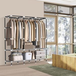 LOKEME Wardrobe Closet,Portable Closet for Bedroom Steel Pipe Diameter 19mm Strong and Sturdy Black Portable Closets for Hanging Clothes with 3 Hanging rods, 6 Storage Shelves and Side Pockets - Image 5