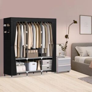 LOKEME Wardrobe Closet,Portable Closet for Bedroom Steel Pipe Diameter 19mm Strong and Sturdy Black Portable Closets for Hanging Clothes with 3 Hanging rods, 6 Storage Shelves and Side Pockets - Image 7