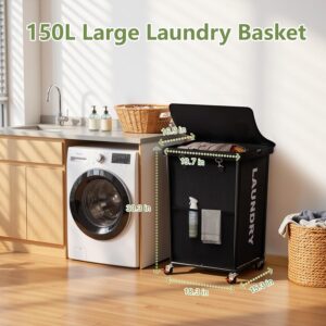 150L Laundry Basket with Wheels, Rolling Laundry Hamper with Cloth Cover, Laundry Cart with Metal Frame & Removable Bag, Large Dirty Clothes Hampers for Bedroom Aesthetic, Laundry Room Bathroom, Black - Image 7
