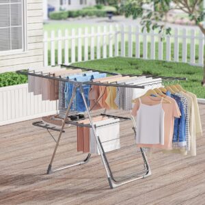 Clothes Drying Rack, Foldable 2-Level Laundry Drying Rack with Height-Adjustable Wings, for Clothing & Bedding, Free-Standing Space-Saving Rack, Indoor & Outdoor, 55.5" L × 22.8" W, Gray - Image 2