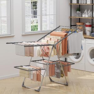 Clothes Drying Rack, Foldable 2-Level Laundry Drying Rack with Height-Adjustable Wings, for Clothing & Bedding, Free-Standing Space-Saving Rack, Indoor & Outdoor, 55.5" L × 22.8" W, Gray - Image 3