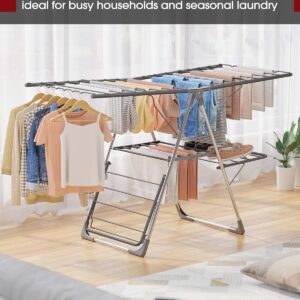 Clothes Drying Rack, Foldable 2-Level Laundry Drying Rack with Height-Adjustable Wings, for Clothing & Bedding, Free-Standing Space-Saving Rack, Indoor & Outdoor, 55.5" L × 22.8" W, Gray - Image 5
