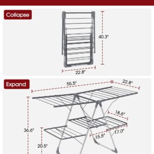 Clothes Drying Rack, Foldable 2-Level Laundry Drying Rack with Height-Adjustable Wings, for Clothing & Bedding, Free-Standing Space-Saving Rack, Indoor & Outdoor, 55.5" L × 22.8" W, Gray - Image 9