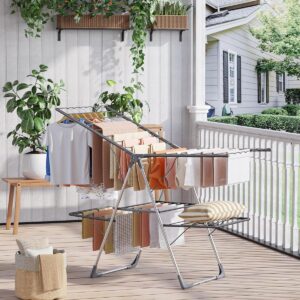 Clothes Drying Rack, Foldable 2-Level Laundry Drying Rack with Height-Adjustable Wings, for Clothing & Bedding, Free-Standing Space-Saving Rack, Indoor & Outdoor, 55.5" L × 22.8" W, Gray - Image 10