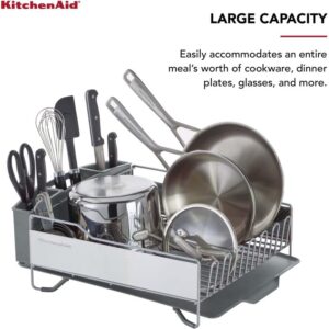 KitchenAid Large Capacity Full Size Rust Resistant Dish Rack with Angled Drain Board and Removable Flatware Caddy, Light Grey - Image 4
