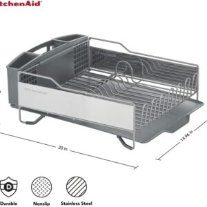 KitchenAid Large Capacity Full Size Rust Resistant Dish Rack with Angled Drain Board and Removable Flatware Caddy, Light Grey - Image 6