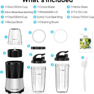 Consciot CB08 11-Piece Blender for Kitchen and Personal Size, Blend Shakes and Smoothies, Frozen Drinks, Baby Food, Spreads & More, 3 Portable To-Go Cups & 2 Spout Lids & 1 Solid Lid, 900 Peak Watts - Image 4