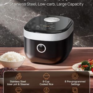 YOKEKON Rice Cooker Stainless Steel Inner Pot PFAS-Free Dishwasher Safe, Low Carb & Low Sugar Large Rice Cookers 8 Cup with Steamer Basket, 24H Delay Timer and Auto Keep Warm Feature,Black - Image 8