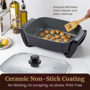 Elite Gourmet 15" x 12" x 4" Electric Skillet, Xtra Deep Dish, Ceralast™ PFAS Free Ceramic, 1500W Rapid Heat, Tempered Glass Vented Lid, Dishwasher Safe, 12.5 Qt., Black/Gray - Image 4