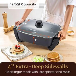Elite Gourmet 15" x 12" x 4" Electric Skillet, Xtra Deep Dish, Ceralast™ PFAS Free Ceramic, 1500W Rapid Heat, Tempered Glass Vented Lid, Dishwasher Safe, 12.5 Qt., Black/Gray - Image 6