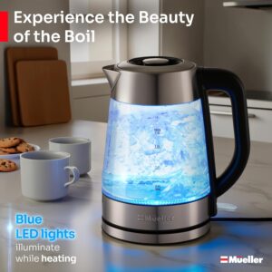 Mueller Rapid Boil Electric Tea Kettle 1.8L – Borosilicate Glass & Stainless Steel – BPA-Free Hot Water Boiler, LED Light, Auto Shut-Off, Boil Dry Protection Fast Water Heater – Kitchen Appliances - Image 3