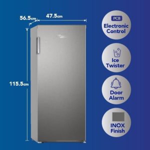 SUPER GENERAL 160L Gross Capacity And 122L Net Capacity Upright Freezer, Inverter Compressor, No Frost, Ice Twist Maker, Reversible Door - 220 W SGUF201NFDCIE Silk Inox - Image 7