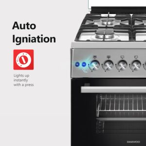 DAEWOO 60X60Cm Freestanding Cooker, Full Gas Cooking Range With 4 Burners, Automatic Ignition And Safety, Cast Iron Pan Support, Stainless Steel Finish, Separate Knob For Oven Grill, Made In Türkiye DGC-665BSF Grey/Black - Image 5