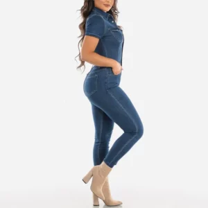 Jeans Stretch Overalls Buttons Female Turn Down Skinny Blue Denim Casual Jumpsuit Rompers - Image 7