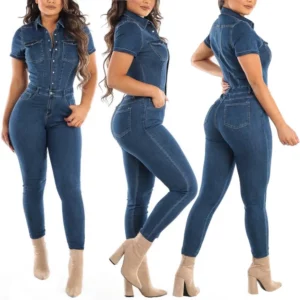 Jeans Stretch Overalls Buttons Female Turn Down Skinny Blue Denim Casual Jumpsuit Rompers - Image 6