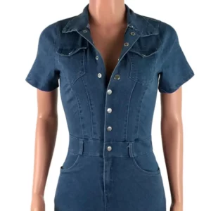 Jeans Stretch Overalls Buttons Female Turn Down Skinny Blue Denim Casual Jumpsuit Rompers - Image 4