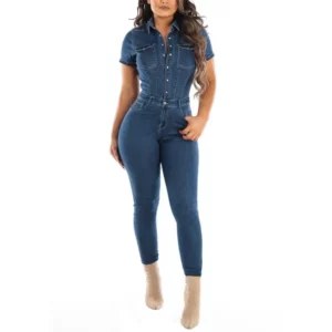 Jeans Stretch Overalls Buttons Female Turn Down Skinny Blue Denim Casual Jumpsuit Rompers - Image 3