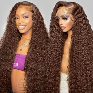 30Inch Chocolate Brown Human Hair Wig 200 Density 13x6 HD Deep Wave Lace Front Wigs Human Hair Colored Deep Curly Lace Frontal Wigs Glueless Wig Brown Wig Wigs for Women - Image 2