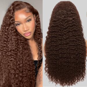 30Inch Chocolate Brown Human Hair Wig 200 Density 13x6 HD Deep Wave Lace Front Wigs Human Hair Colored Deep Curly Lace Frontal Wigs Glueless Wig Brown Wig Wigs for Women - Image 3