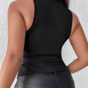 Women's Sexy Ribbed Tank Top - Slim Fit Stretchy High Elasticity, Stand-Up Collar & Wide Straps with Front Zipper, Semi-Sheer Bl - Image 8