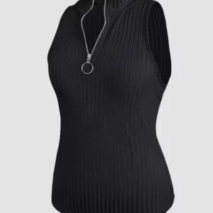 Women's Sexy Ribbed Tank Top - Slim Fit Stretchy High Elasticity, Stand-Up Collar & Wide Straps with Front Zipper, Semi-Sheer Bl - Image 7