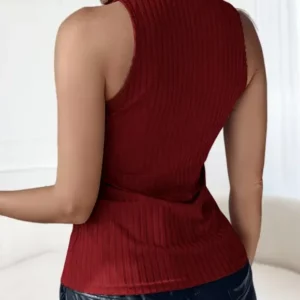 Women's Sexy Ribbed Tank Top - Slim Fit Stretchy High Elasticity, Stand-Up Collar & Wide Straps with Front Zipper, Semi-Sheer Bl - Image 5