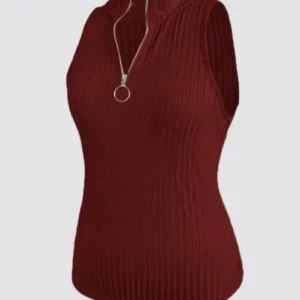 Women's Sexy Ribbed Tank Top - Slim Fit Stretchy High Elasticity, Stand-Up Collar & Wide Straps with Front Zipper, Semi-Sheer Bl - Image 4