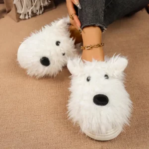 Cartoon Puppy Fluffy Fur Indoor Slippers Women 2025 Winter Thick Bottom Furry Mules Slippers Warm Plush Home Slides for Womon - Image 3