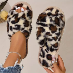 Slippers With Fur Women's Sexy Faux Fur Slipper For The Street Slides Leopard Open Toes House Shoes Cross Fluffy Eva Foam Sandal - Image 4