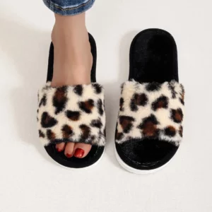Slippers With Fur Women's Sexy Faux Fur Slipper For The Street Slides Leopard Open Toes House Shoes Cross Fluffy Eva Foam Sandal - Image 3