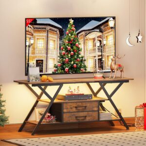 TV Stand with Power Outlet and LED Lights, Fits TVs up to 65”, 2 Fabric Drawers Entertainment Center with Open Storage Shelves, Media Console for Living Room, Bedroom (Rustic Brown) - Image 2