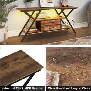 TV Stand with Power Outlet and LED Lights, Fits TVs up to 65”, 2 Fabric Drawers Entertainment Center with Open Storage Shelves, Media Console for Living Room, Bedroom (Rustic Brown) - Image 3