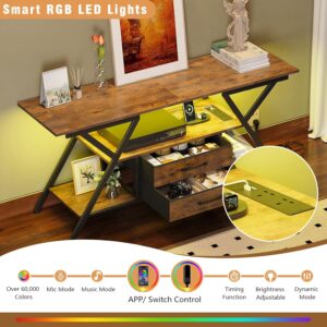 TV Stand with Power Outlet and LED Lights, Fits TVs up to 65”, 2 Fabric Drawers Entertainment Center with Open Storage Shelves, Media Console for Living Room, Bedroom (Rustic Brown) - Image 8