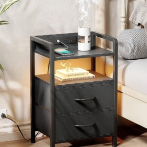 Night Stand Bedside Charger Bedroom - Nightstand with Charging Station & LED Light Strip, Night Stand with Storage Shelf & 2 Fabric Drawers, Morden End Table with U-S-B Ports & AC Outlets - Image 7