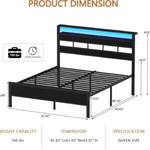 Queen Bed Frame with Storage Headboard and LED Lights, Metal Bedframe with Charging Station and USB Port, Queen Size Platform Bed with Heavy Duty Slats, No Box Spring Needed, Black Oak - Image 9