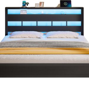 Queen Bed Frame with Storage Headboard and LED Lights, Metal Bedframe with Charging Station and USB Port, Queen Size Platform Bed with Heavy Duty Slats, No Box Spring Needed, Black Oak - Image 3