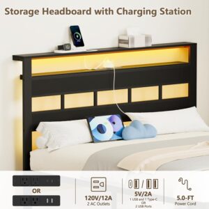 Queen Bed Frame with Storage Headboard and LED Lights, Metal Bedframe with Charging Station and USB Port, Queen Size Platform Bed with Heavy Duty Slats, No Box Spring Needed, Black Oak - Image 5